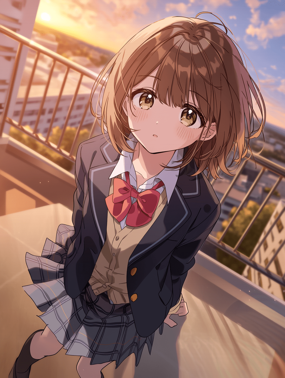 动漫风格，身穿校服的棕发女学生站在屋顶上，沐浴在温暖的夕阳余晖中，采用三分法构图、浅景深、动态视角和电影级取景，镜头为平视角度。