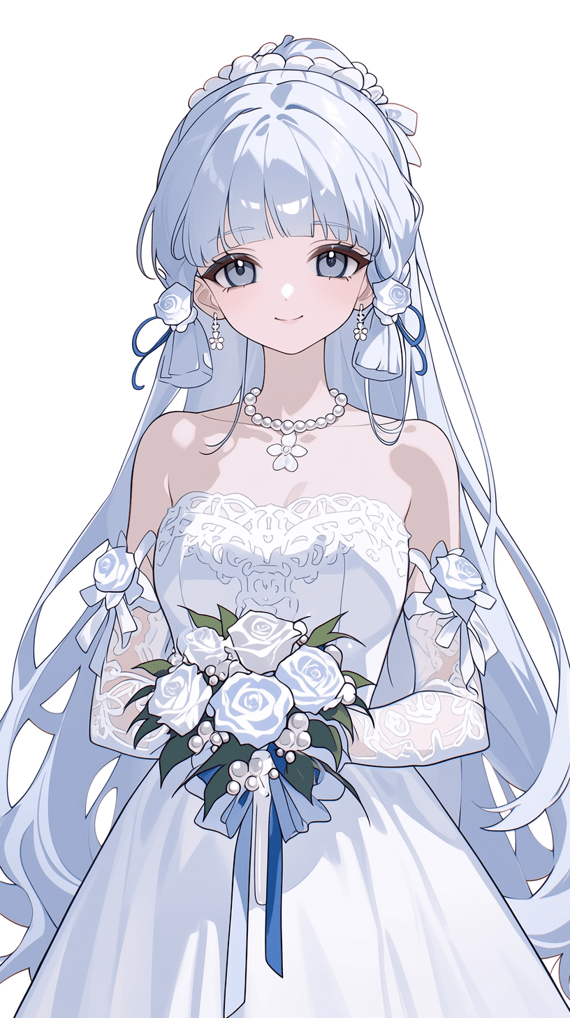《原神》角色神里绫华的全身肖像。她被描绘为一位可爱的女孩，拥有长长的银色秀发和蓝色双眸，身穿一袭白色婚纱，手捧鲜花，面带微笑微微仰头。画面采用动漫风格，背景纯净简洁，高清高分辨率呈现清晰细节。婚纱为白