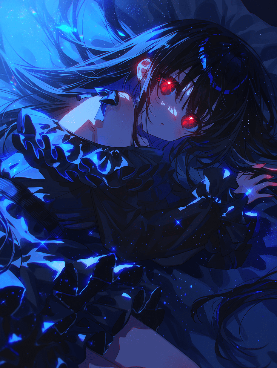 动漫风格，黑长直发少女，拥有发光的红色眼睛，身穿带有蓝色星点装饰的黑色荷叶边连衣裙，侧卧姿态，戏剧性的蓝色灯光，眼部发光效果，空灵氛围，强化冷色调，体积光效果。