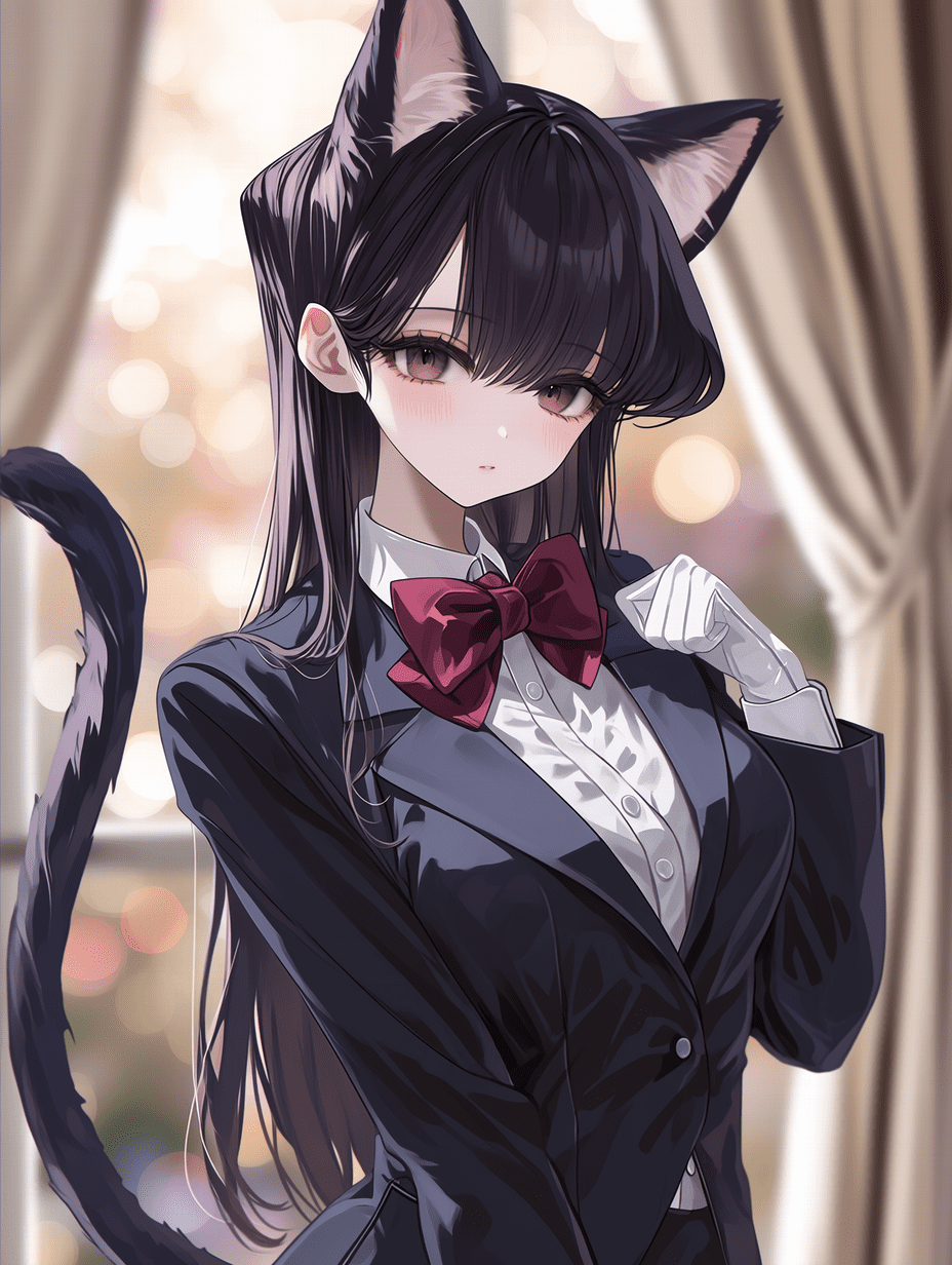 动漫风格，Komi Shouko，猫娘，中景拍摄，三分法构图，浅景深，柔和的窗帘背景虚化，构图均衡，姿态优雅，专业动漫插画