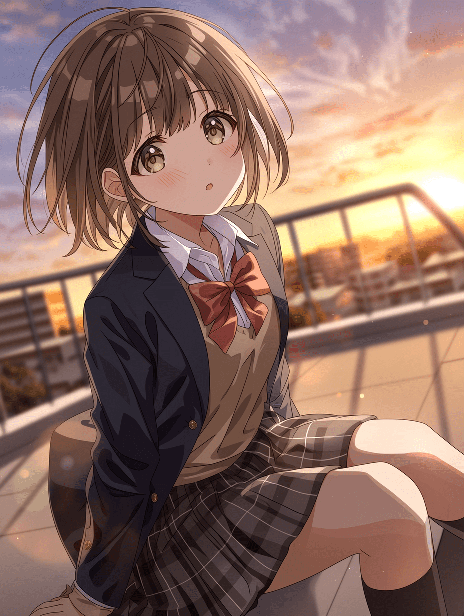 动漫风格，身穿校服的黑发少女站在天台上，温暖的夕阳余晖，三分法构图，浅景深，动态视角，电影级构图，平视拍摄