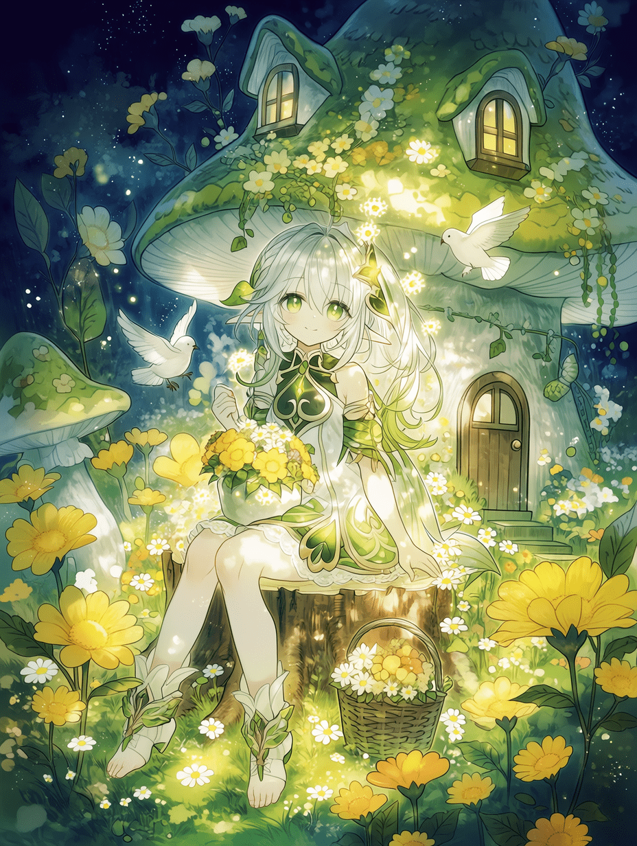 空灵的纳西妲置身于魔法森林花园中，梦幻的柔光洒落，发光微粒与萤火虫闪烁，银白色短发轻柔飘动，带有绿色渐变，明亮的翠绿色双眼，精灵耳细节精致，身着白色优雅长裙，饰有绿叶装饰与蕾丝花边，优雅地坐在树桩上，
