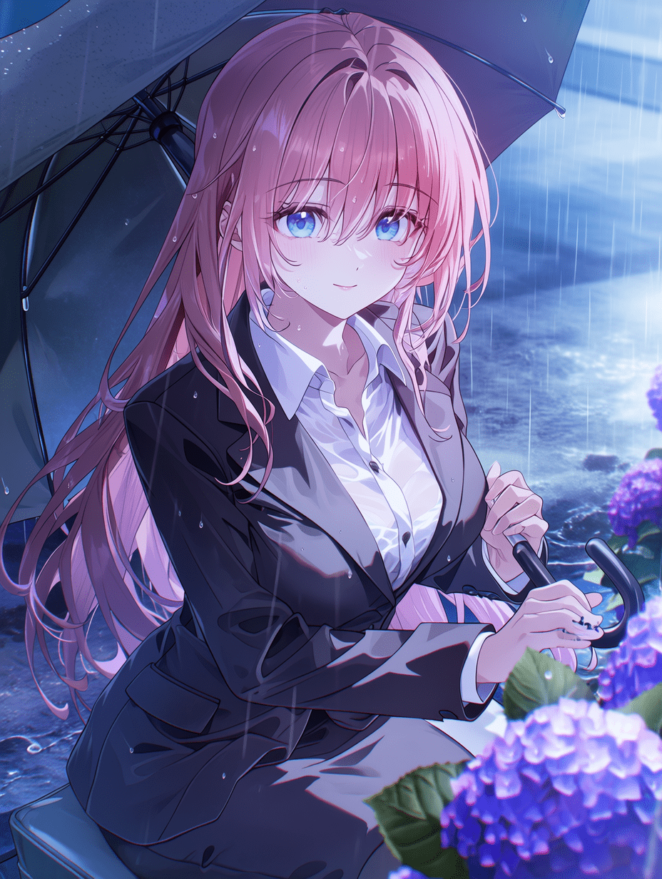动漫风格，粉发蓝眼的女性身穿商务套装，在雨中城市街道上坐着，手持黑色雨伞，神情温柔，湿漉漉的路面映出倒影，身旁有紫色绣球花，柔和漫射光线，冷暖色调交织，中景构图，杰作，最佳质量，高度细节