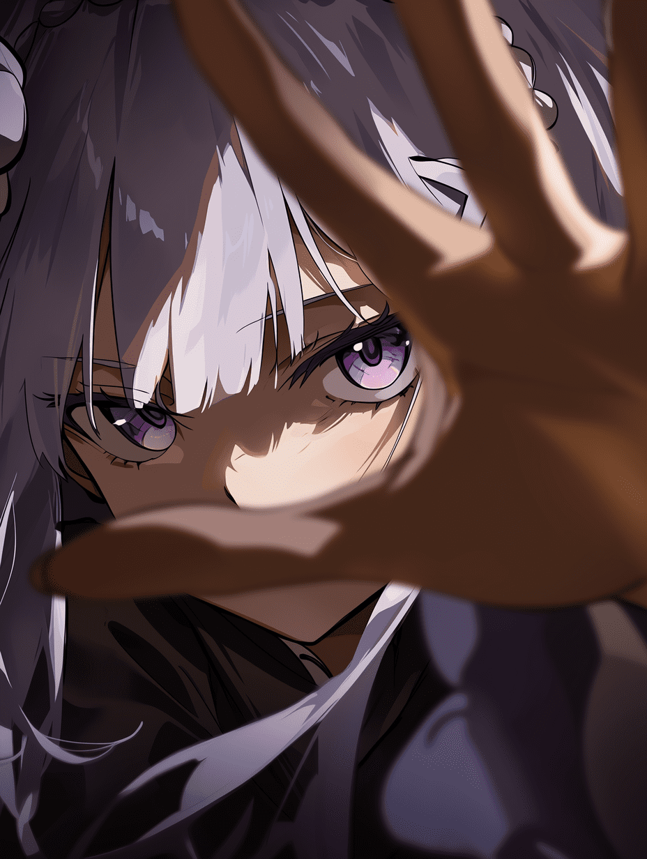 动漫风格插画，来自《Re:Zero》的艾米莉亚，身着深色服装，动态构图，浅景深聚焦于她的面部与手部，遵循三分法构图，柔和阴影，平视视角
