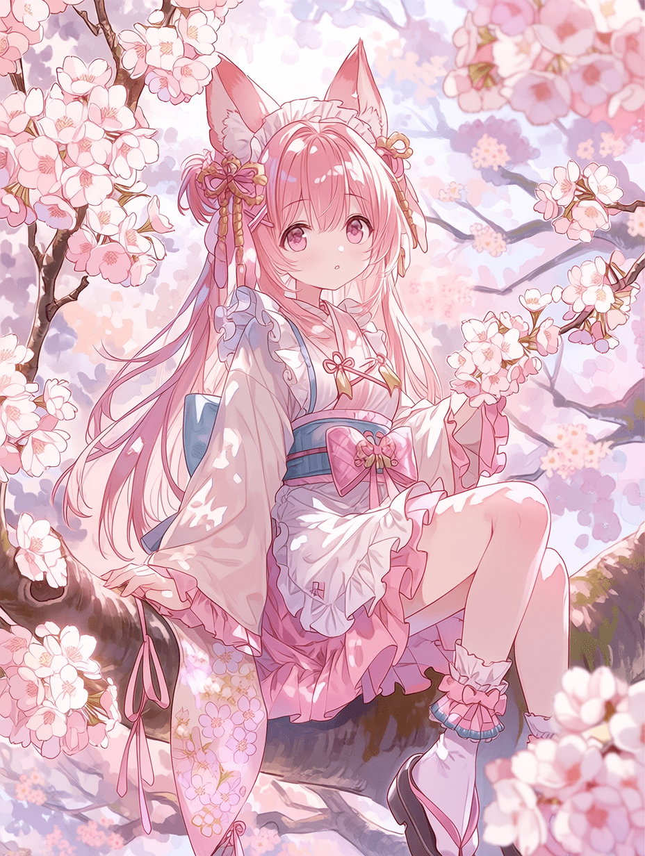 动漫风格，一位粉发狐耳少女身着传统日式和服，坐在樱花树枝上，柔和的粉彩配色，自然光照，中景镜头，杰作，最佳质量，高度细节
