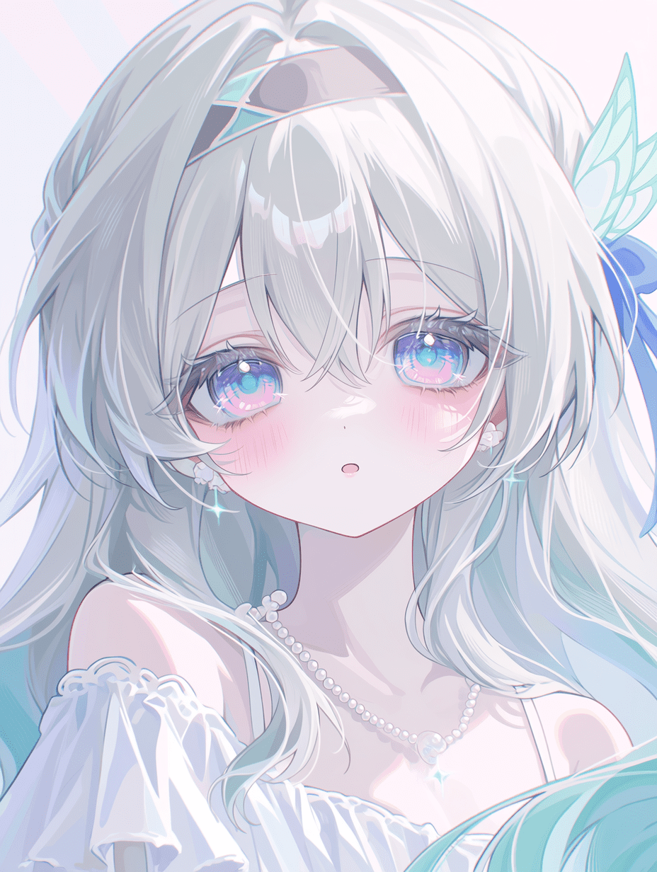 萤火虫少女特写肖像，温柔甜美的主题，以略带惊讶的柔和目光直视观者。明亮的蓝紫色眼睛带有细致闪耀的高光和淡淡红晕，银白色长发呈现青绿色渐变波浪。佩戴带有绿叶与丝带的蝴蝶发饰，身穿白色露肩荷叶边上衣，配戴