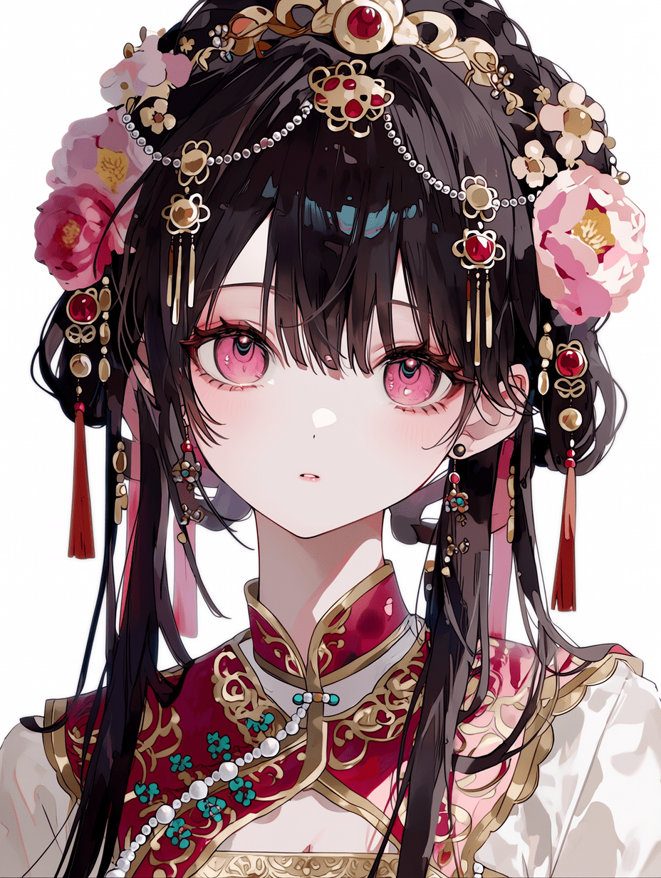 动漫风格，黑发粉眼的美丽少女，身着红金配色的传统汉服，佩戴缀有花卉与珠串的复杂发饰，服装面料纹理超精细，画面锐利聚焦，具有氛围感特效，8K分辨率，细节清晰锐利。