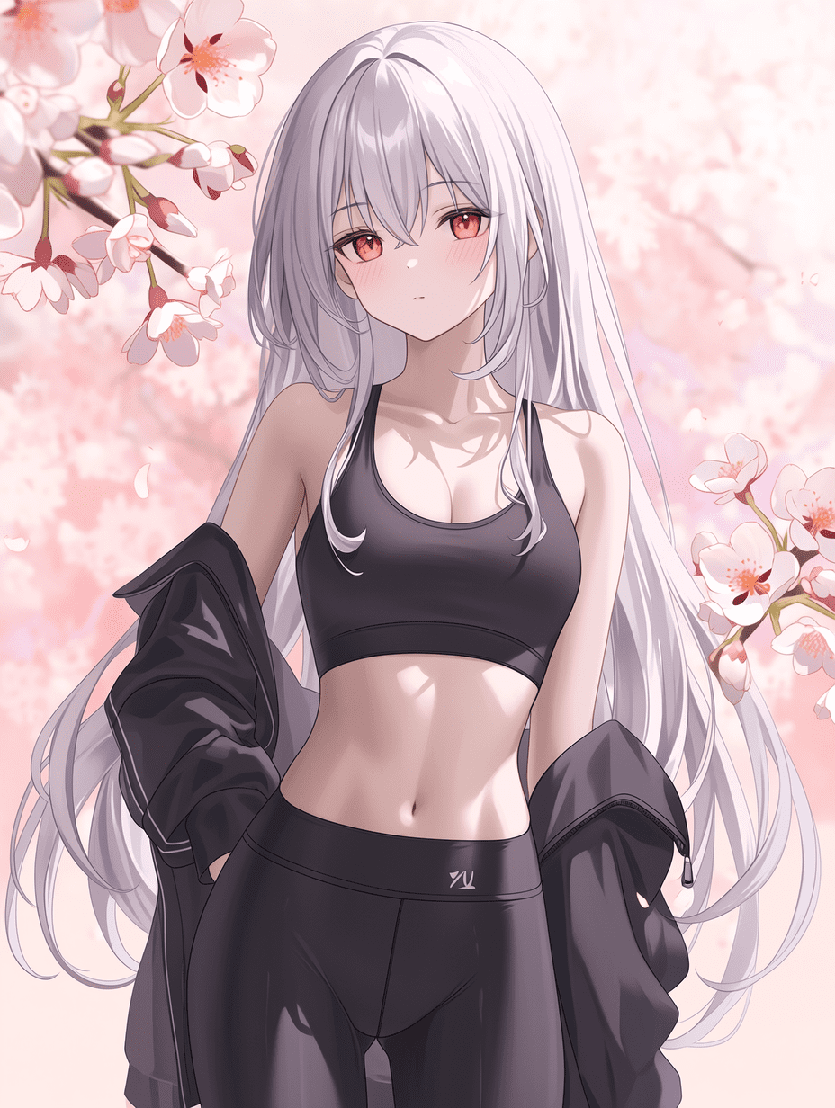 动漫风格，银发红眼少女，身穿黑色运动内衣和紧身 leggings，外搭黑色夹克，站在樱花树下，柔光照明，粉彩粉色背景，杰作，最佳质量，高度细节