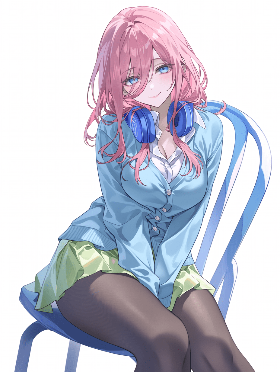 动漫风格，来自《五等分的新娘》的中野四叶，粉色头发，蓝色耳机挂在脖子上，穿着浅蓝色开衫、绿色裙子和黑色连裤袜，坐在椅子上露出温柔微笑，白色背景，杰作，最佳质量，高度细节