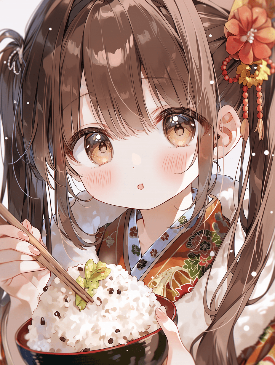 动漫风格，一个可爱的棕色双马尾女孩，和服面料细节繁复，食物和米饭碗超精细，女孩富有表现力的面部表情清晰聚焦，纹理细腻，细节清晰，8K分辨率，舒适的冬日氛围