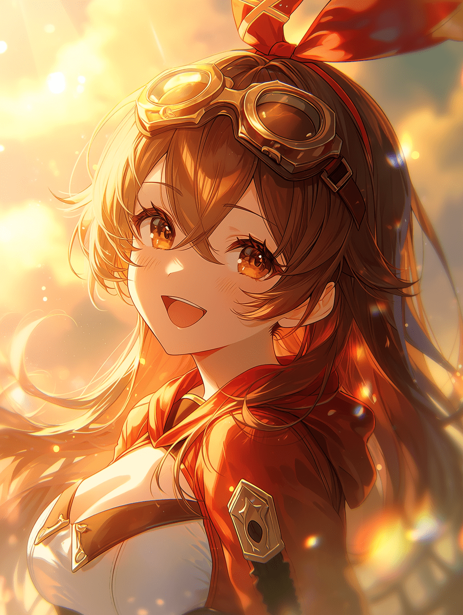 动漫风格，原神中的安柏，棕色头发配红色丝带，头戴蒸汽朋克护目镜，红白相间的冒险家服装， cheerful 笑容，黄金时刻的光照，温暖的阳光，柔和的轮廓光，发光粒子，梦幻氛围，增强色彩，体积光
