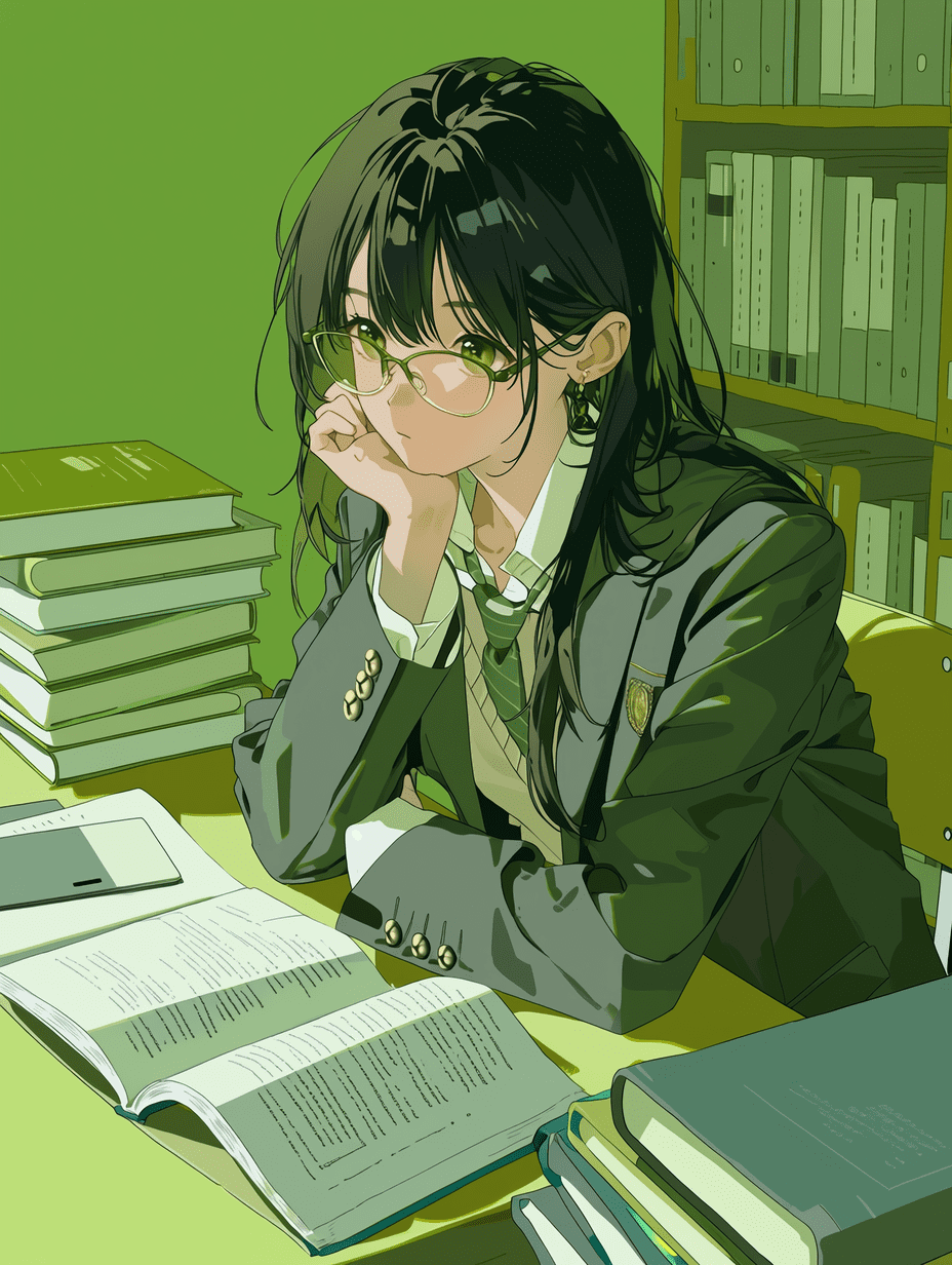 纳西妲穿着JK制服，在教室里伏案学习，周围堆满书籍，神情专注，整体以绿色为主调，采用动漫艺术风格。