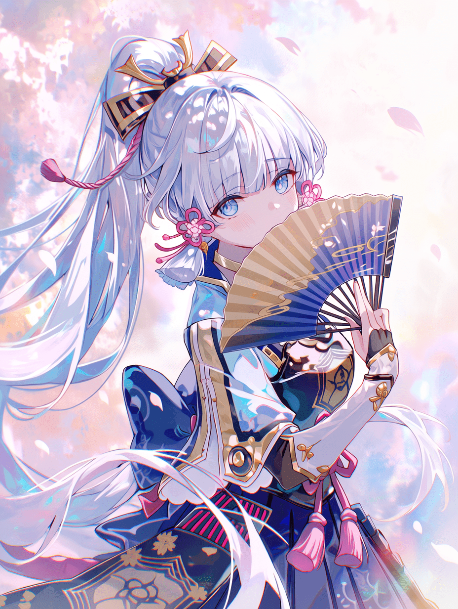 动漫风格，来自《原神》的神里绫华，白色高马尾发型，蓝色眼睛，手持折扇，穿着日式传统风格服饰，柔和的粉彩色背景，飘落的樱花花瓣，杰作，最佳画质，高度细节，优雅姿态