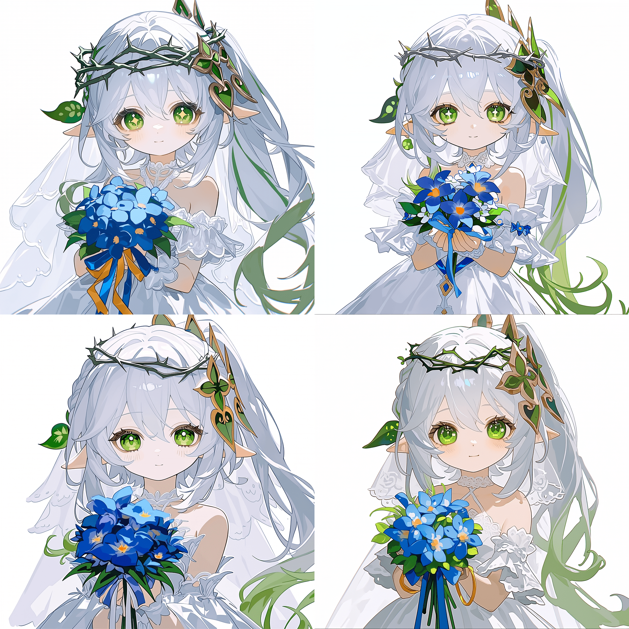 《原神》中的纳西妲被描绘为一位可爱的少女，拥有银色长发、绿色眼眸，头戴荆棘王冠，手持蓝色花朵，身着白色蕾丝婚纱。作品采用动漫风格，纯白背景，忠实还原《原神》原作风格。纳西妲的特征包括笔直的银发、闪耀的