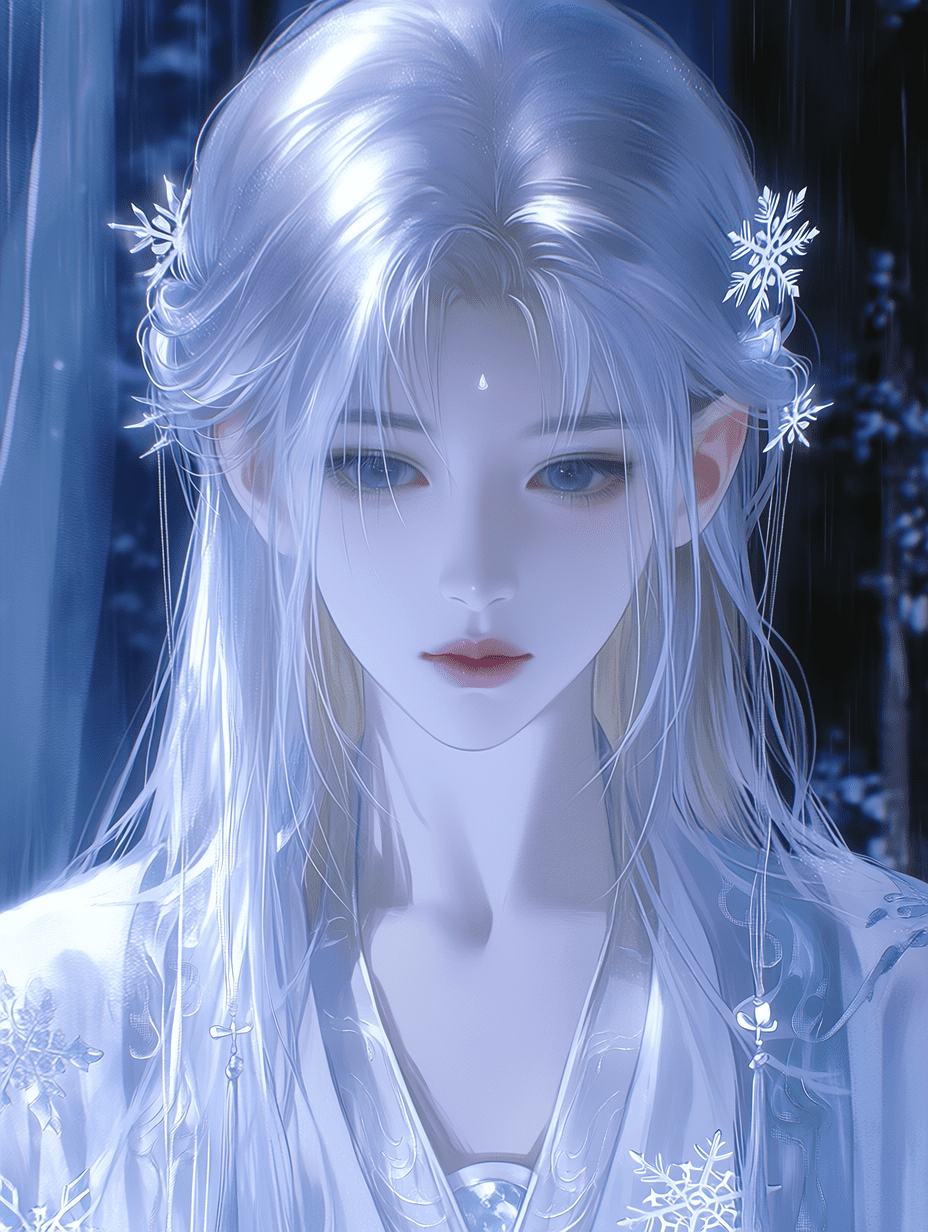 近景肖像，一位18至20岁的雪灵修仙少女，长直银白色长发泛着空灵光晕，肌肤苍白透明泛着冷调，冰蓝色眼眸中充满宁静的慈悲与超然的疏离，身着优雅的白色与淡蓝色仙侠长袍，绣有雪花纹样，佩戴水晶发簪，柔和的冷