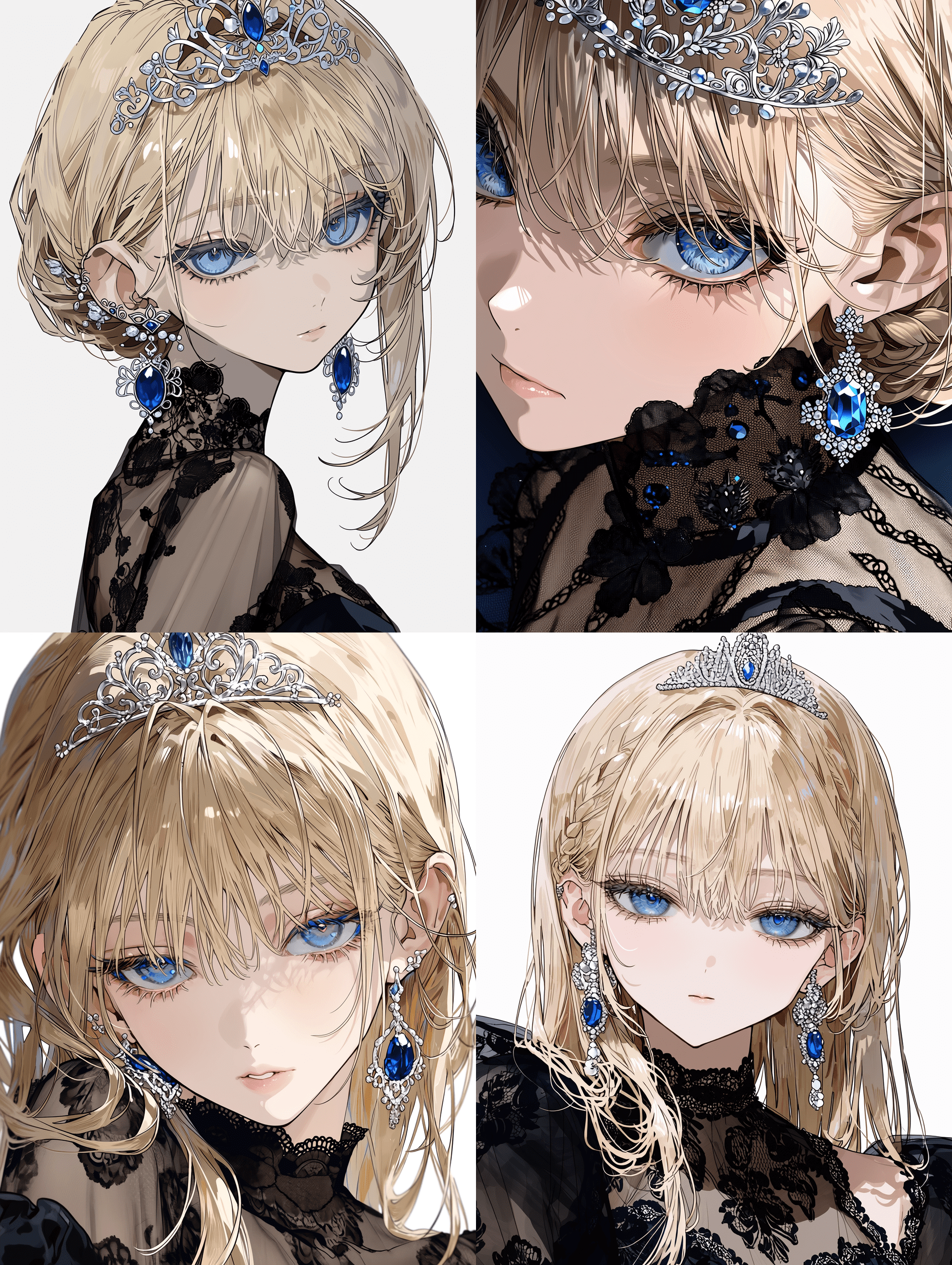 动漫风格插画，金发蓝眼少女，黑色透纱礼服带有精致纹理，佩戴细节丰富的银色头冠和蓝宝石耳饰，面部特征与发丝质感锐利聚焦，超精细绘制，8K分辨率。