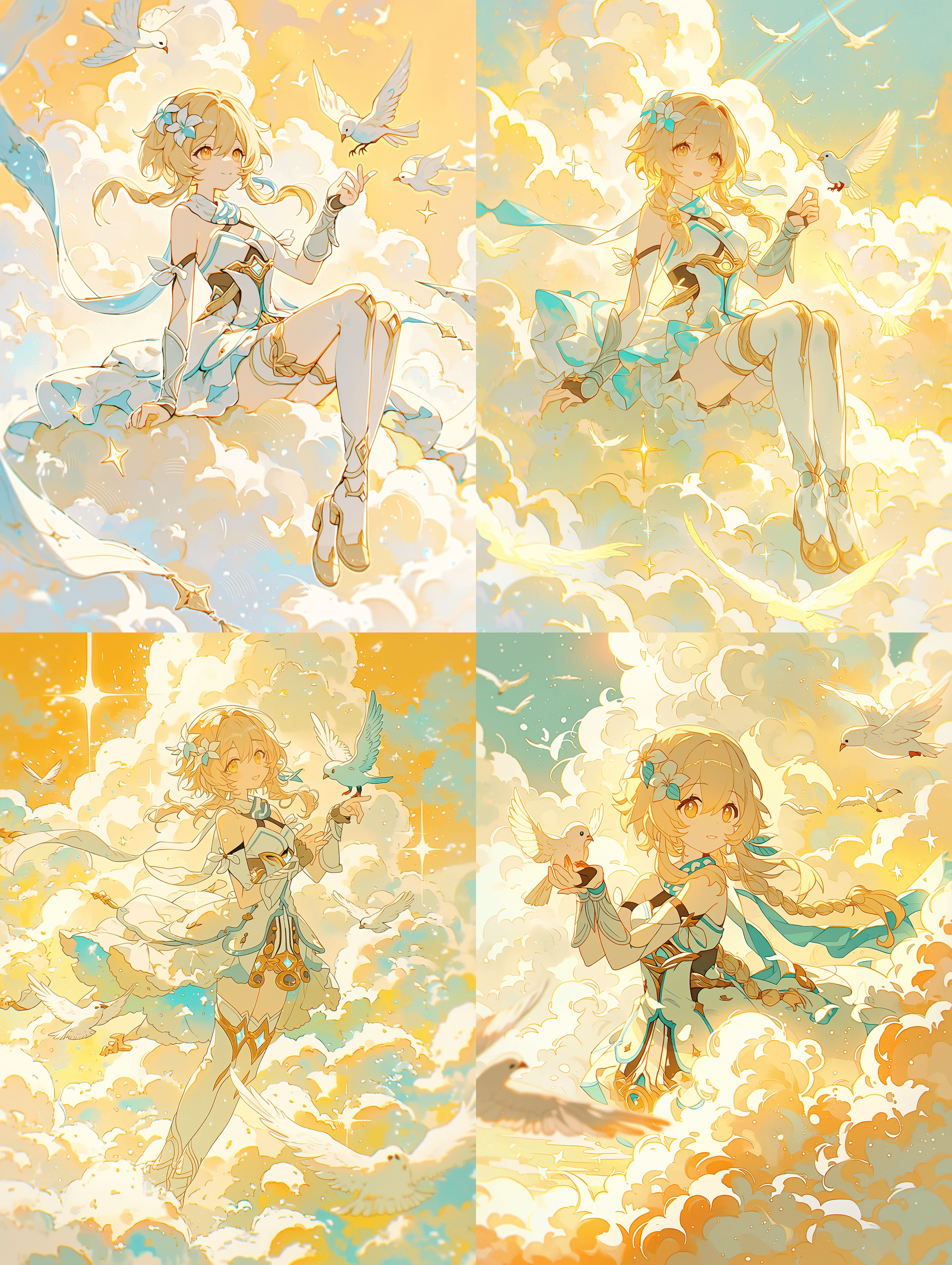 来自《原神》的荧，站在蓬松的白云之上，温柔地托着一只小白鸟，周围环绕着飞翔的鸟群和星辰，背景明亮温暖，金色的双麻花辫，梦幻而空灵的氛围，高质量动漫插画
