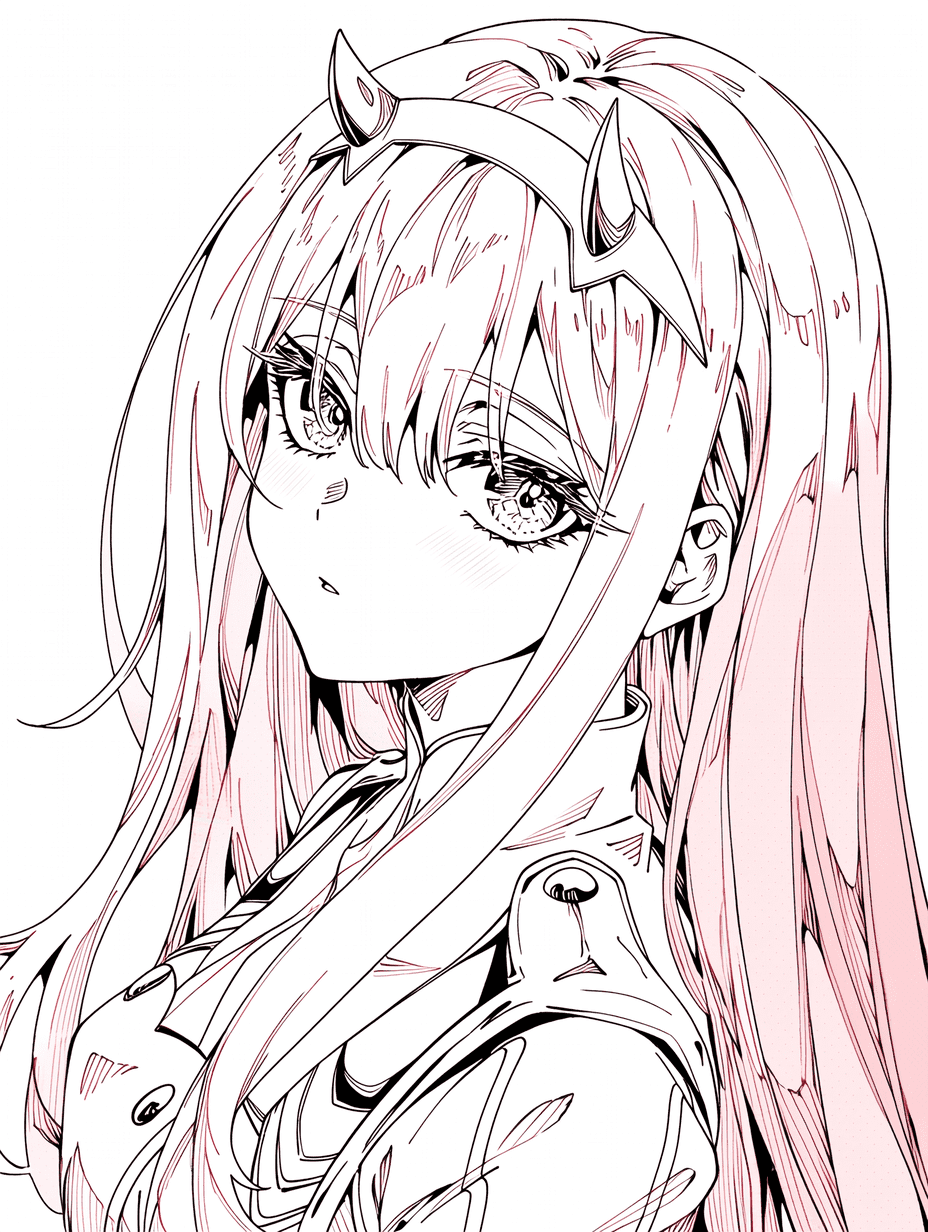 动漫风格，来自《Darling in the Franxx》的零二，粉色长发根根分明，角部纹理精细，眼睛高光复杂，制服布料褶皱细腻，线条锐利，细节清晰，8K分辨率，超精细描绘