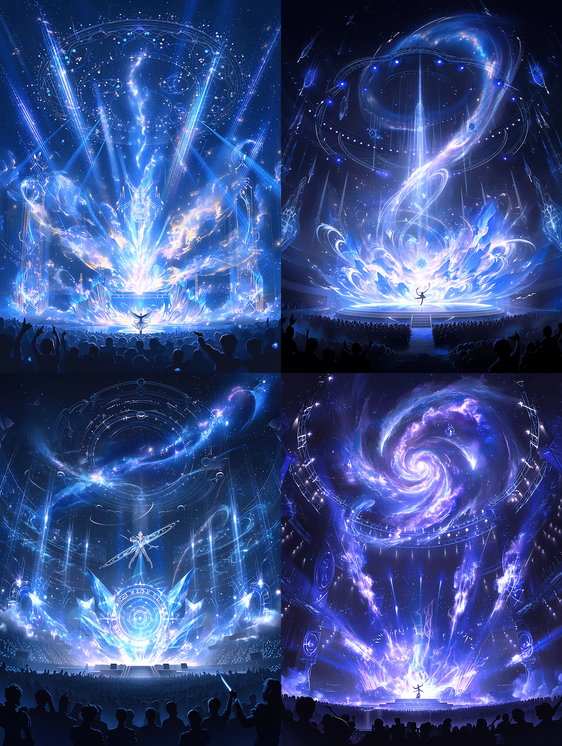 一场壮丽的宇宙魔法秀，一名魔法师悬浮于空中，周围环绕着旋转的星系与晶莹的能量光束，全息符文在太空中漂浮，下方观众剪影肃然仰望，霓虹等离子特效与体积光柱交织，超 maximalist 舞台设计，空灵氛围