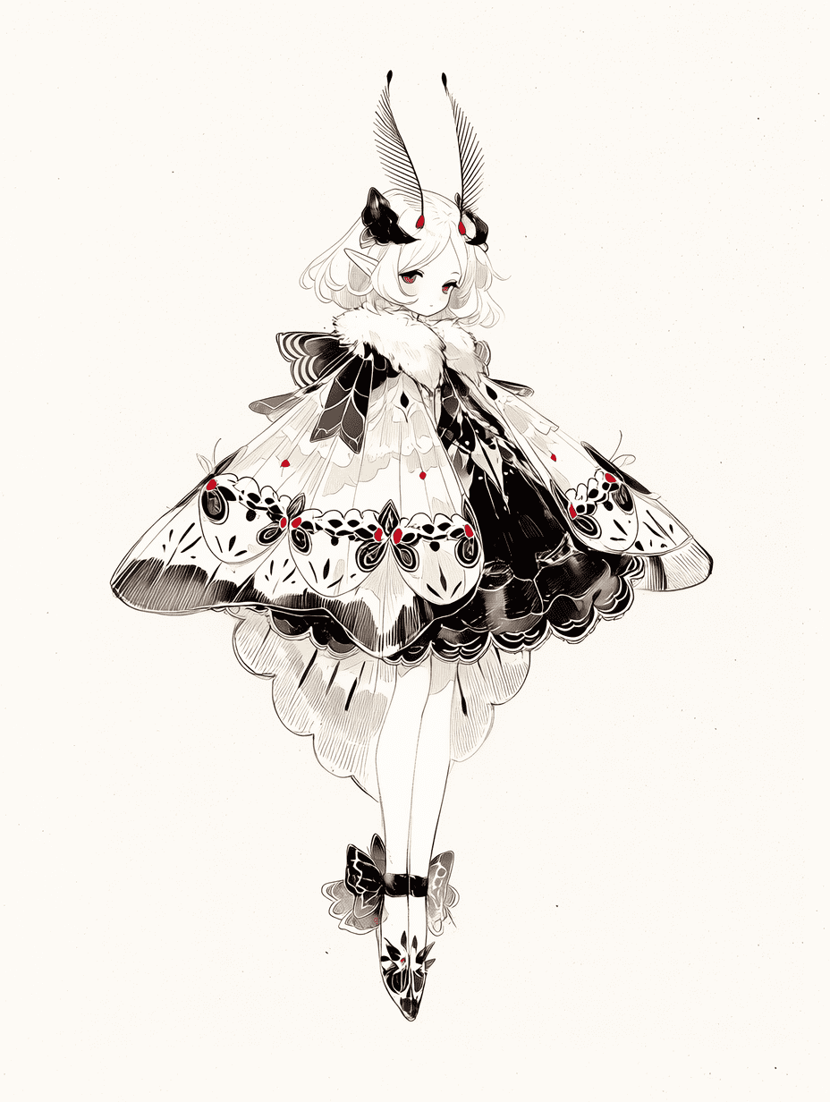 一幅以飞蛾为主题的少女艺术素描，铅笔画风格，细腻的线条艺术，白色长发，裙装如蝶翼般装饰，黑白主调点缀朱砂红墨点，极简美学，禅意氛围，柔和的颗粒质感，优雅剪影，高品质传统艺术风格。
