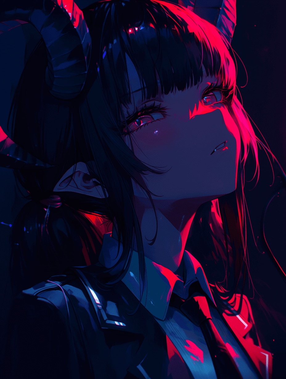 动漫风格，魅魔少女，戏剧性轮廓光，发光红色点缀，阴郁氛围，电影级布光，强烈凝视，鲜艳红色与深色调，高对比度，专业数字艺术