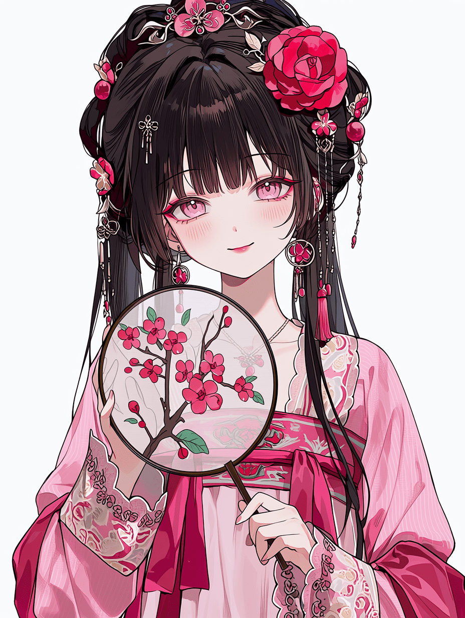 动漫风格，一位穿着传统汉服的优雅东方少女，头戴红玫瑰发饰，手持绘有樱花的团扇，粉色眼眸，温柔微笑，布料纹理超精细，发丝细节繁复，对焦清晰，配饰精致，8K分辨率