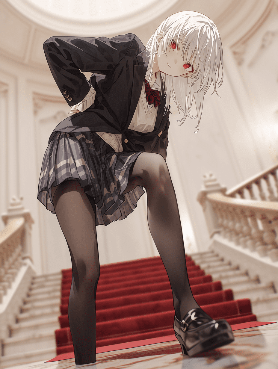 动漫风格，白发红瞳的少女，动态姿势展现腿部结构，站立于大理石地板上，前方延伸至红色地毯楼梯，采用三分法构图，浅景深聚焦于角色，低角度拍摄，优雅构图