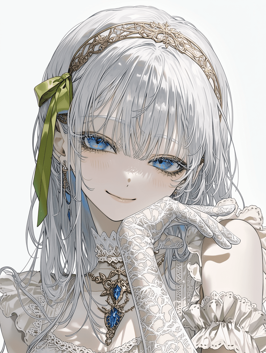 动漫风格，银发蓝眼少女，身着白色褶边连衣裙，金色发带配绿色丝带，白色蕾丝手套，蓝宝石项链，面带温柔微笑，发丝细节极致清晰，蕾丝花纹繁复精致，布料质感细腻，珠宝细节精细，锐利聚焦，8K分辨率