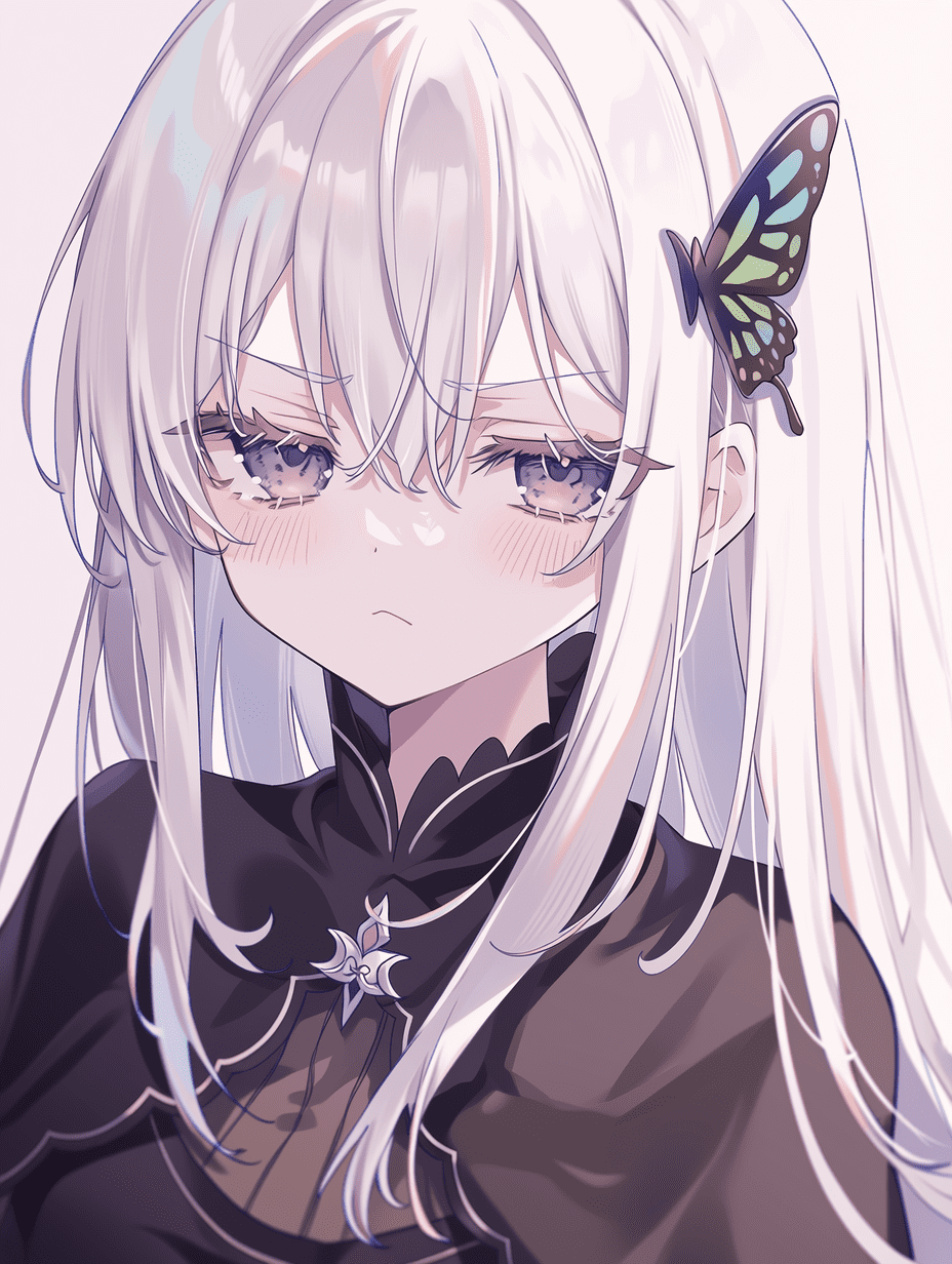 动漫风格，来自《Re:Zero》的艾姬多娜，白发女巫，佩戴蝴蝶发饰，嘟嘴表情，身穿高领黑色优雅长裙，柔光照明，粉彩色调，近景肖像，杰作，最佳质量，高度细节