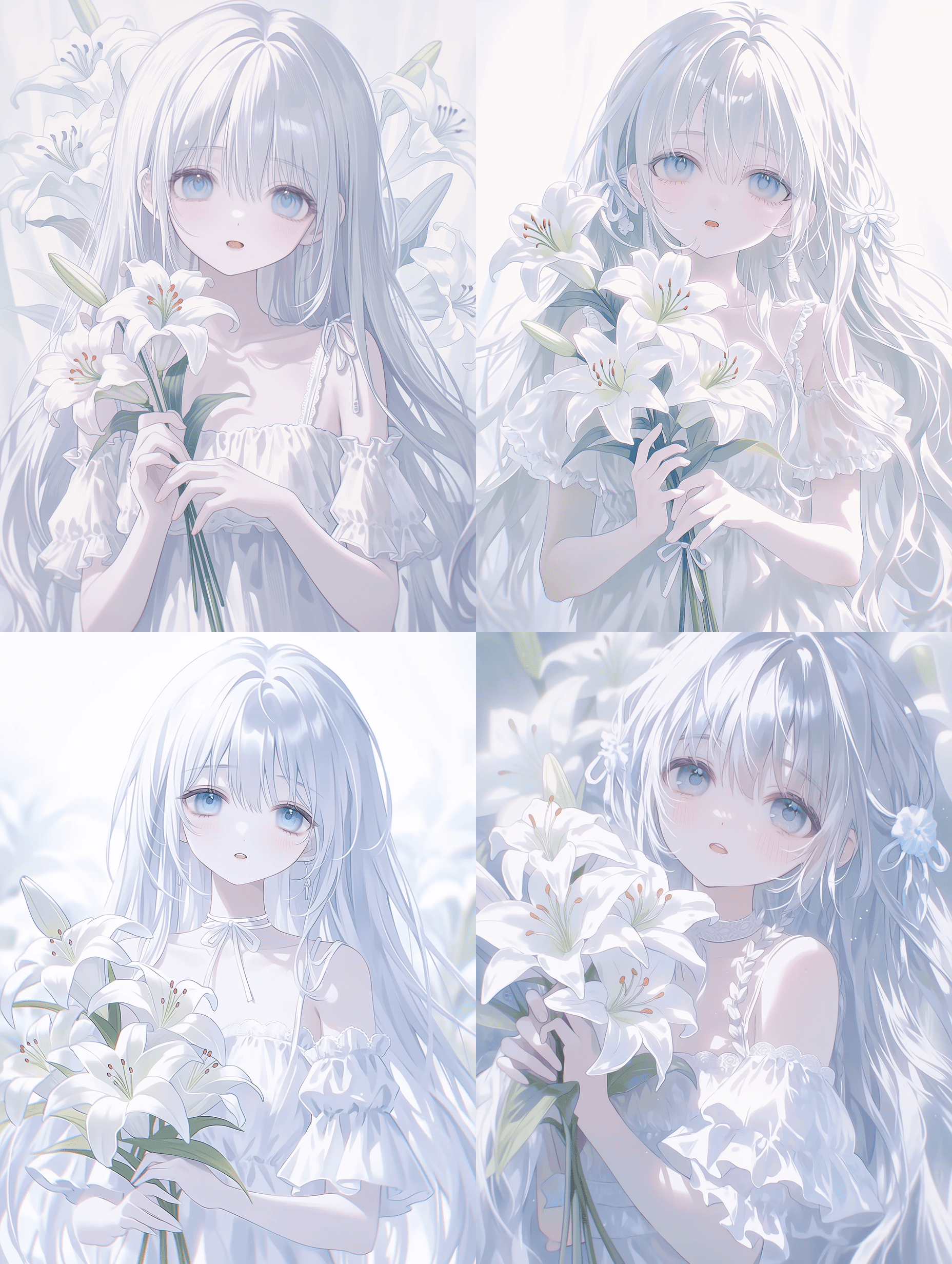 动漫风格，美丽的长银发少女，手持白百合，身穿白色荷叶边连衣裙，柔和自然光线，空灵氛围，精致五官，杰作，最佳质量，高度细节