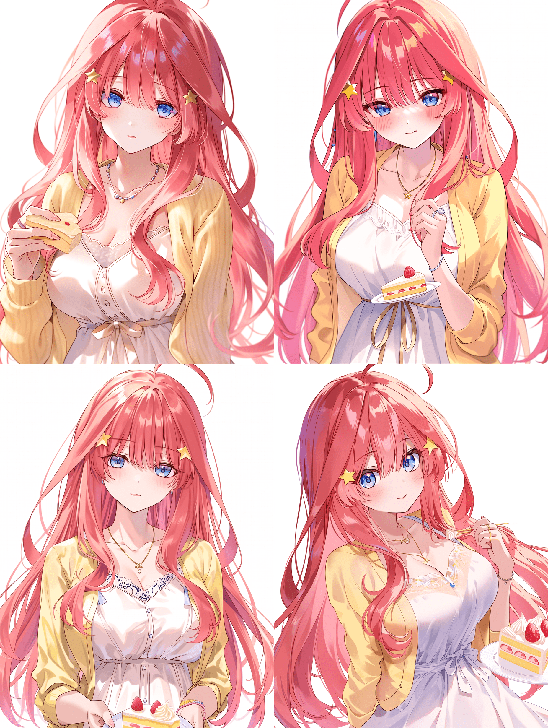 动漫风格，中野五月，来自《五等分的新娘》，粉色长发配星形发饰，蓝色眼睛，白色连衣裙搭配黄色开衫，超精细发丝细节，精致的蛋糕纹理，细腻的珠宝，精美的布料褶皱，锐利焦点，8K分辨率