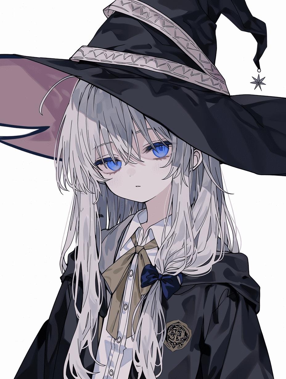 动漫风格，来自《流浪的魔女》的艾莱娜，银发魔女，巫师帽与长袍细节繁复，纹理精致，眼神锐利聚焦，发丝超精细，画面清晰锐利，8K分辨率，清新美学