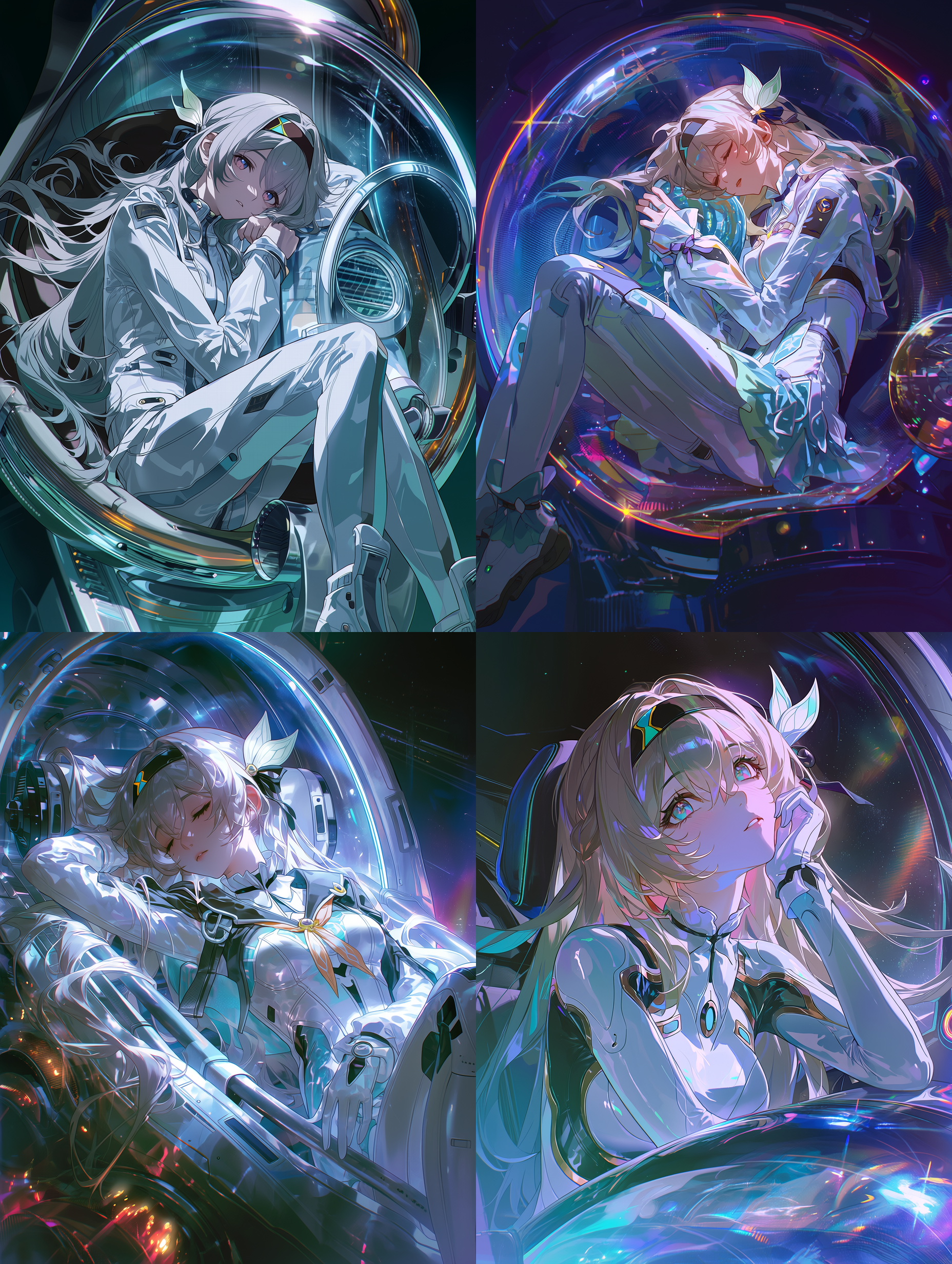 《崩坏：星穹铁道》中的火萤，身着流线型白色宇航服，静卧于未来感睡眠舱中，头微微侧倾，散发出神秘而宁静的氛围。霓虹光晕照亮驾驶舱，超精细画质，科幻风格，电影级静帧，戏剧性光影，柔和的环境光，超现实氛围。