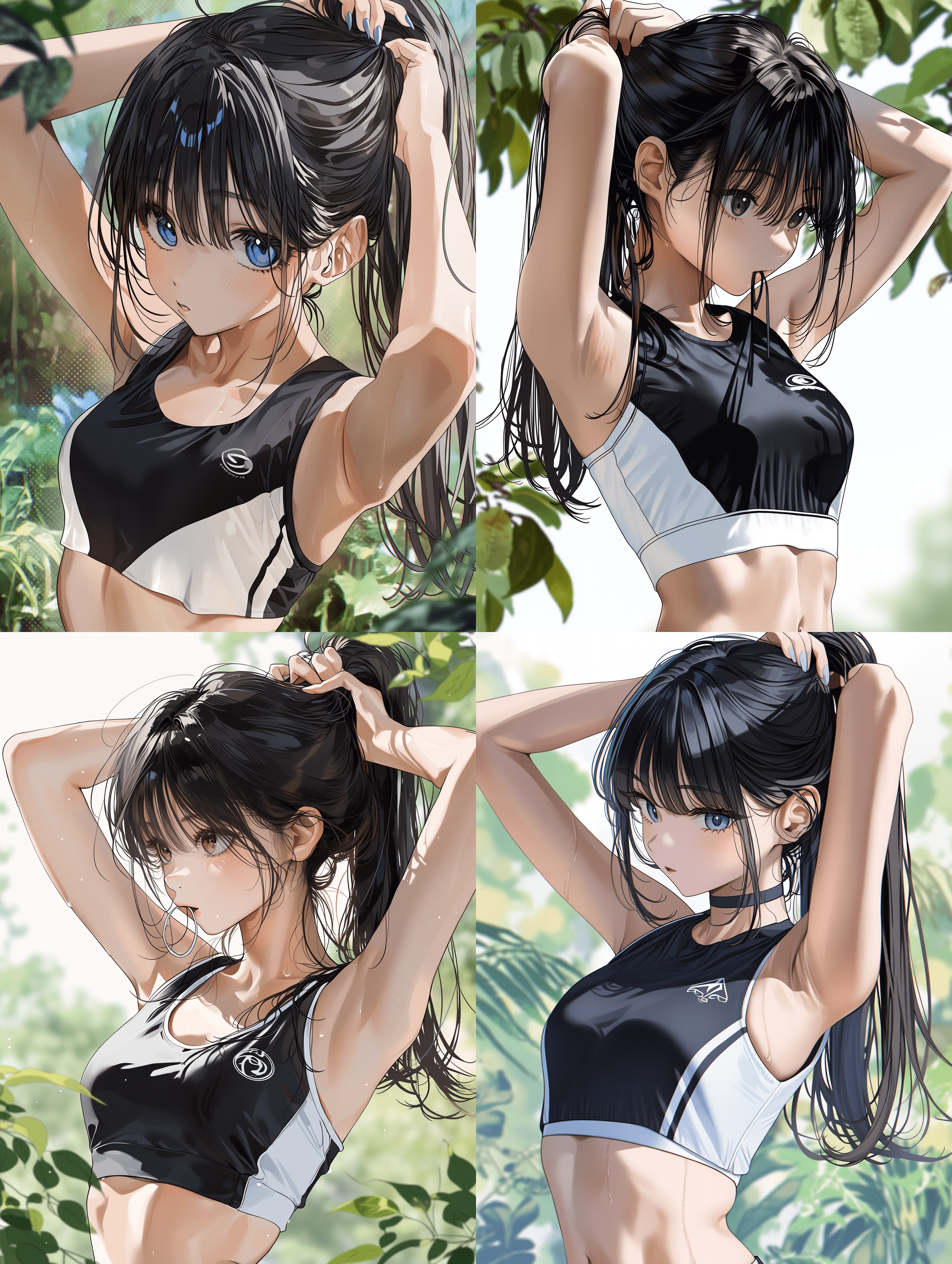 二次元风格，黑发高马尾的年轻女子，正在整理头发，身穿带有标志的黑白短款露脐上衣，发丝细节繁复精致，面部特征柔和细腻，面料纹理精细入微，背景为细致的植物枝叶，超高清细节，8K分辨率，对焦清晰，细节锐利
