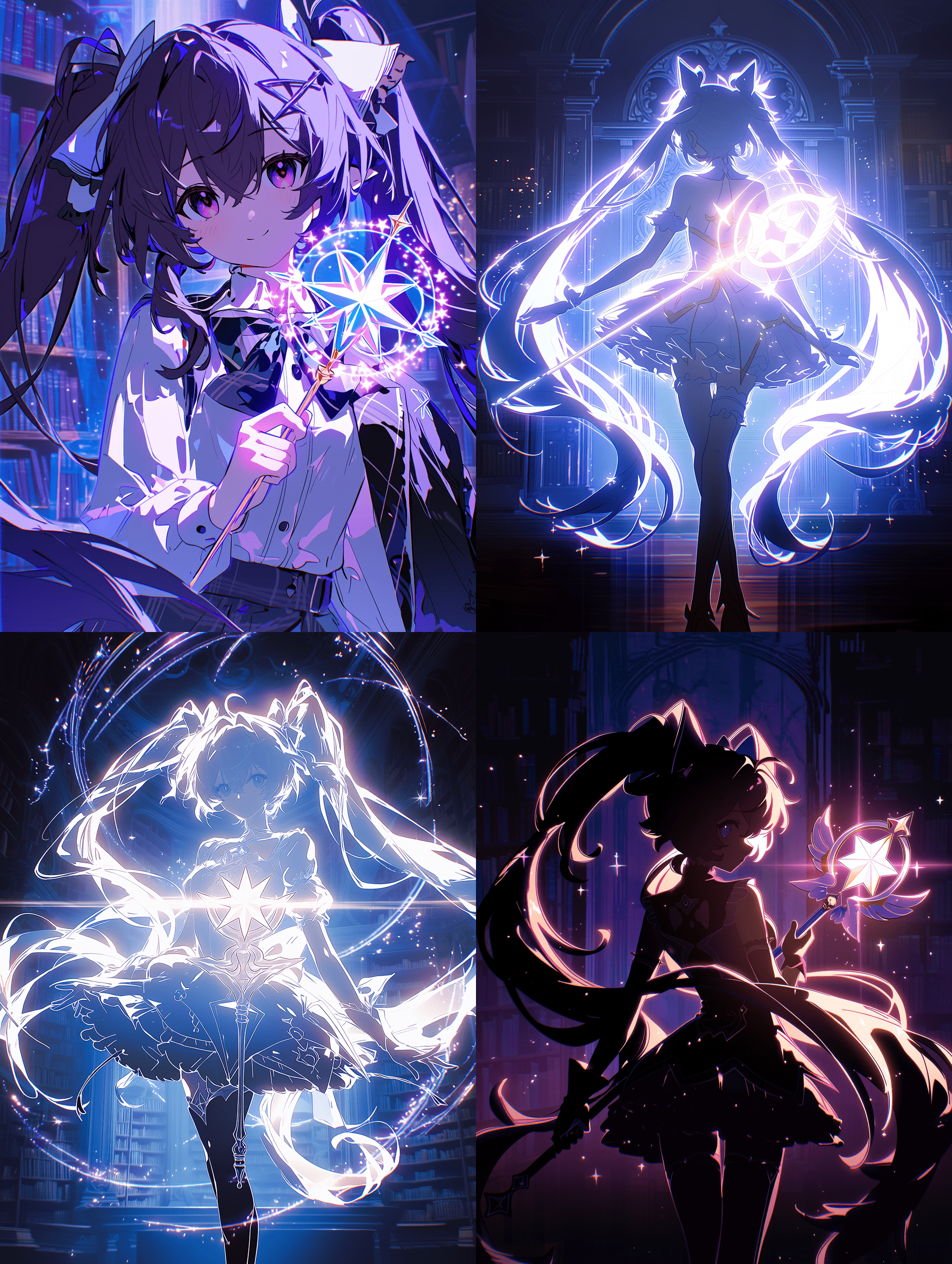 可爱的魔法少女动漫角色，拥有长长的双马尾，手持发光的星形魔杖，清晰的剪影衬托在神秘图书馆背景前，轮廓锐利分明，周围环绕着边缘清晰的明亮魔法光晕，采用赛璐璐风格的2D插画，角色与背景之间具有鲜明的色彩对