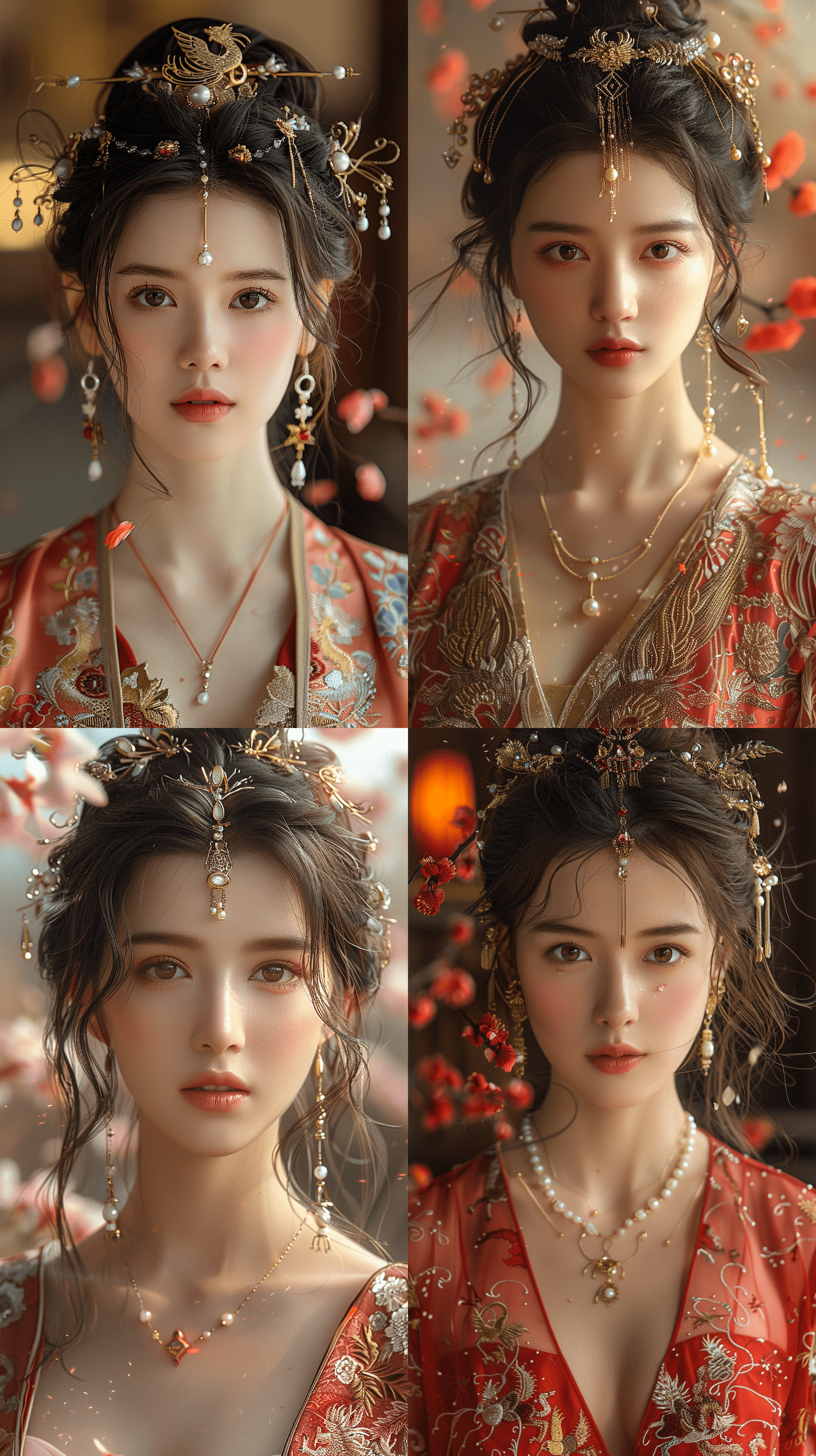 一幅富丽堂皇的东方女性肖像，身着唐代宫廷贵妇装束，体态丰腴优雅，面容精致，双眸含情，肌肤白皙透出自然红晕。乌发高挽成极其繁复奢华的发髻，饰以金凤凰发簪、珍珠与玉坠流苏，随风轻摇。身披绛红与金线刺绣的汉