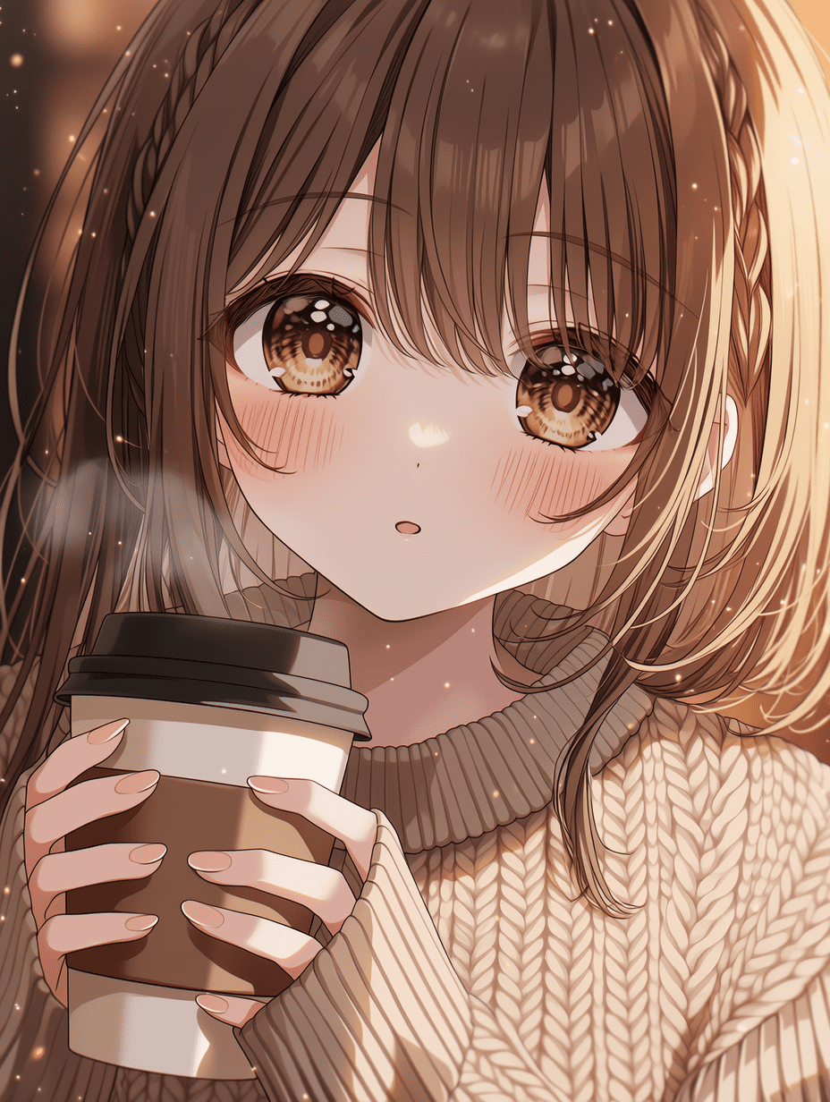 动漫风格插画，细致描绘一位手持咖啡杯的少女，毛衣的针织纹理刻画入微，聚焦于她那双大而富有表现力的眼睛，发丝根根分明，超高分辨率，细节锐利，画面中漂浮着氛围感十足的光粒子。