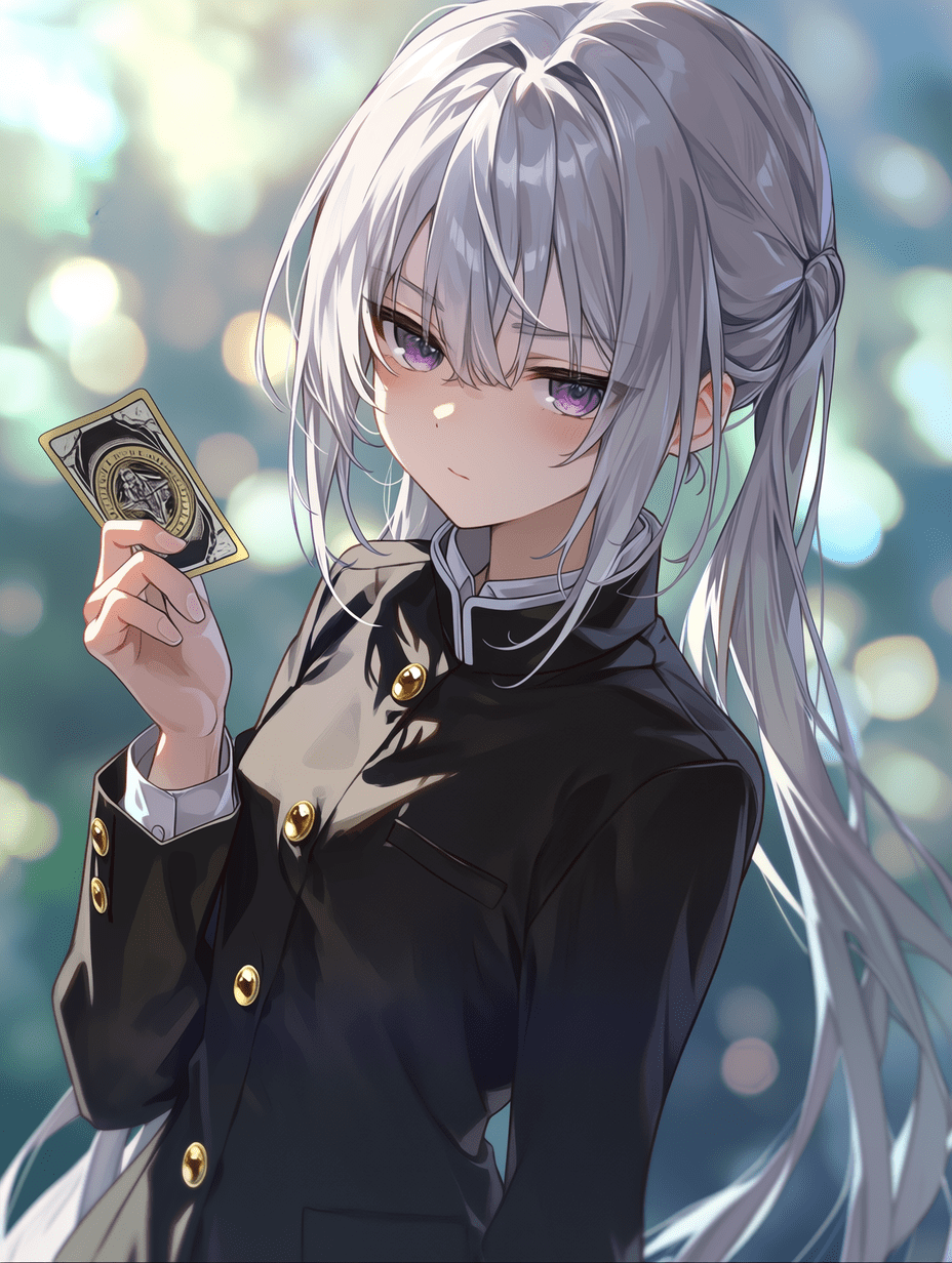 动漫风格，一位银发少女身穿带有金色纽扣的黑色校服，手持一枚带有徽章的卡片，紫色眼眸，梳着编织马尾，采用三分法构图，浅景深，背景虚化，平视镜头，画面平衡。