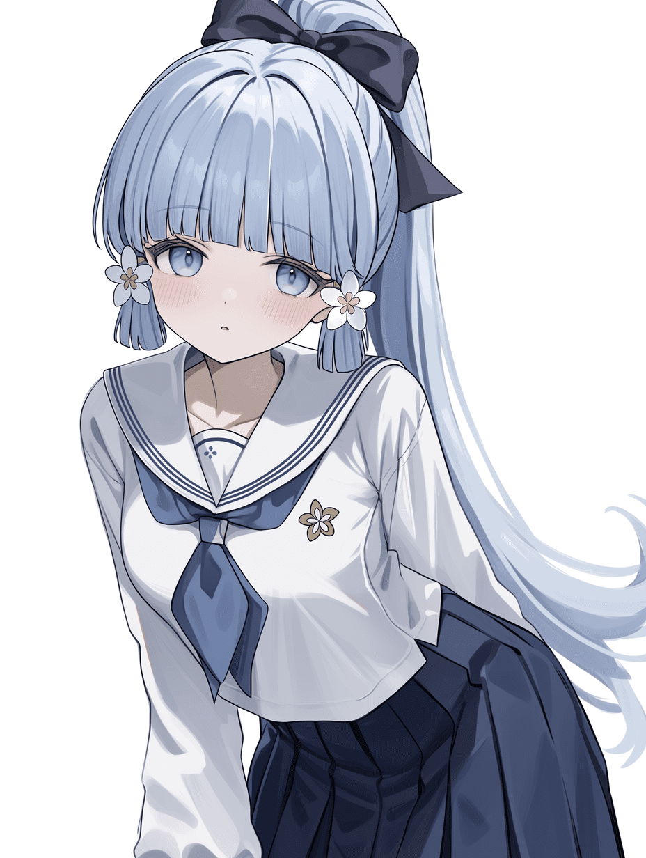 神里绫华，《原神》中的JK女学生，身着白色水手服，配有蓝色领口与蓝色领结，领结上饰有小花徽章，深蓝色百褶裙，高马尾扎着大黑色丝带蝴蝶结，姬发式发型，齐刘海，浅蓝色长发，两侧佩戴白色花朵发饰，脸颊微红，
