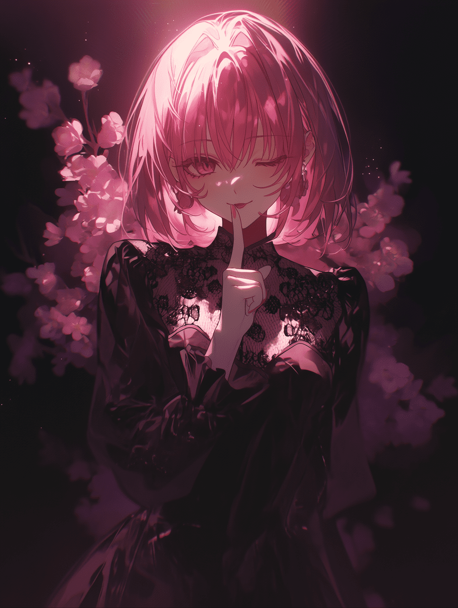 动漫风格插画，粉发少女身着黑色蕾丝长裙，手指轻触唇瓣，戏剧性轮廓光勾勒出剪影，背景为柔焦的粉色樱花，充满电影感氛围，情绪化光影，体积光效，空灵微光