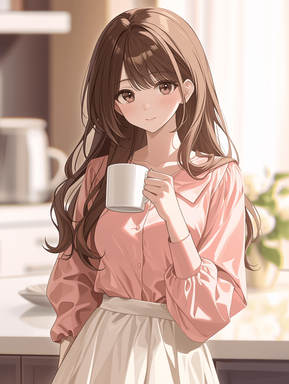 动漫风格，美丽的年轻女子，棕色长发，穿着粉色上衣和白色裙子，手持白色咖啡杯，柔和的室内光线，温馨氛围，杰作，最佳质量，高度细节，色彩鲜艳