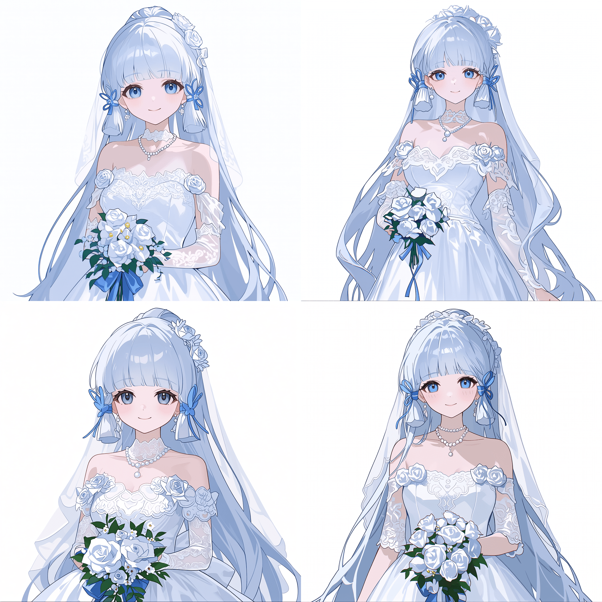 描绘《原神》角色神里绫华的全身肖像。绫华被表现为一位可爱的女孩，拥有长长的银色头发和蓝色眼睛，身穿白色婚纱。她手捧鲜花，面带微笑，微微仰起脸庞。作品采用动漫风格，背景纯净简洁，以高分辨率和高画质呈现清