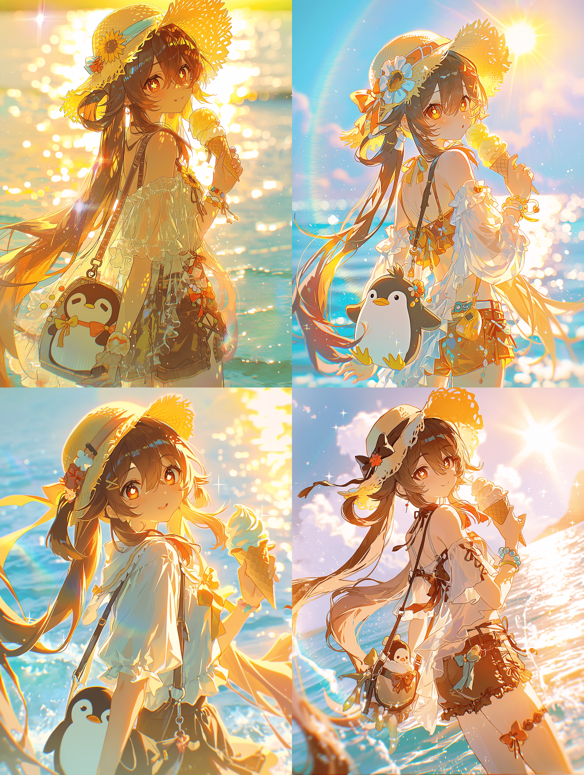 来自《原神》的胡桃，被明亮的夏日阳光逆光照射，带有镜头光晕效果，戴着黄色遮阳帽，身穿休闲夏装，手持冰淇淋，背着企鹅包，背景是波光粼粼的海洋，氛围温暖而梦幻，光线柔和，色彩鲜艳，高质量动漫插画