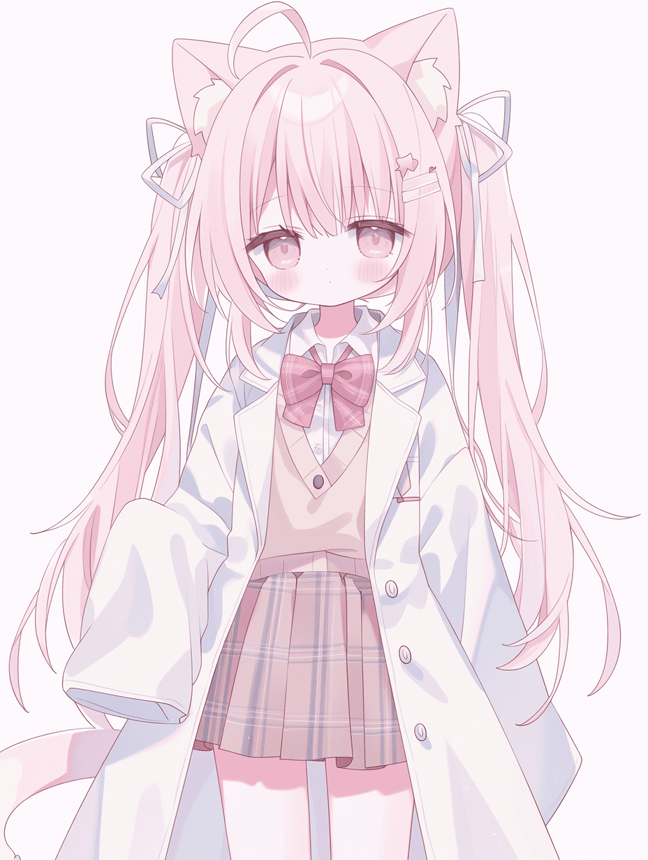 动漫风格，粉发猫耳少女，身穿校服与实验服，马卡龙色系，柔和光线，精细的角色设计，杰作，最佳质量，高度细节