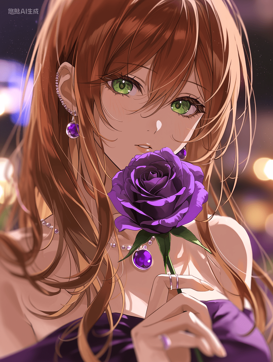 动漫风格，Love Live 中的艾露莎，金棕色头发，绿色眼睛，手持紫色玫瑰，佩戴紫色珠宝，三分法构图，平视视角，浅景深，背景虚化，电影感构图，专业构图