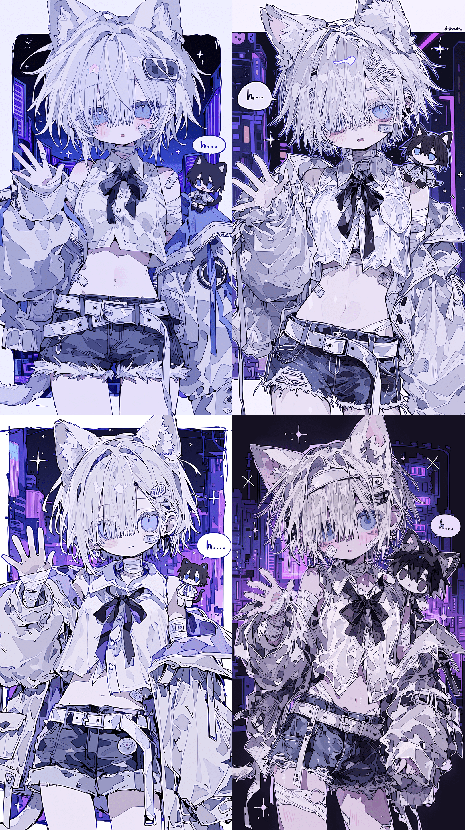 杰作，最高画质，动漫插画，单人少女，猫耳，浅银色短发，凌乱发型，遮住一只眼睛，蓝眼睛，微红脸颊，脸颊缠绷带，颈部缠绷带，手臂缠绷带，白色短款扣子衬衫，黑色丝带领结，露肩 oversized 浅灰色夹克