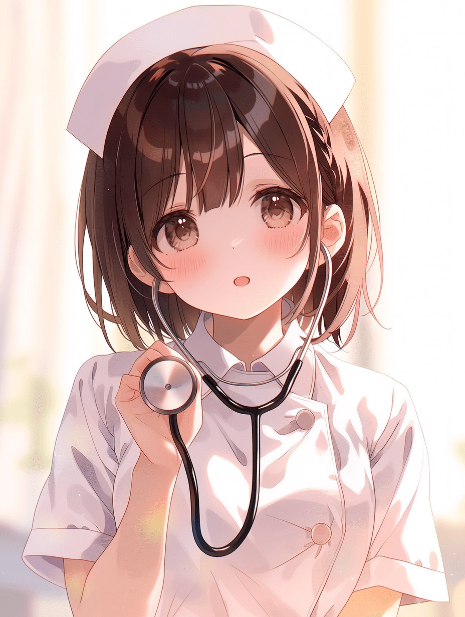 动漫风格，一位棕色头发的护士少女身穿白色制服，手持听诊器，柔和漫射的光线，温暖的肤色，明亮的氛围，电影级画质，增强的色彩表现。