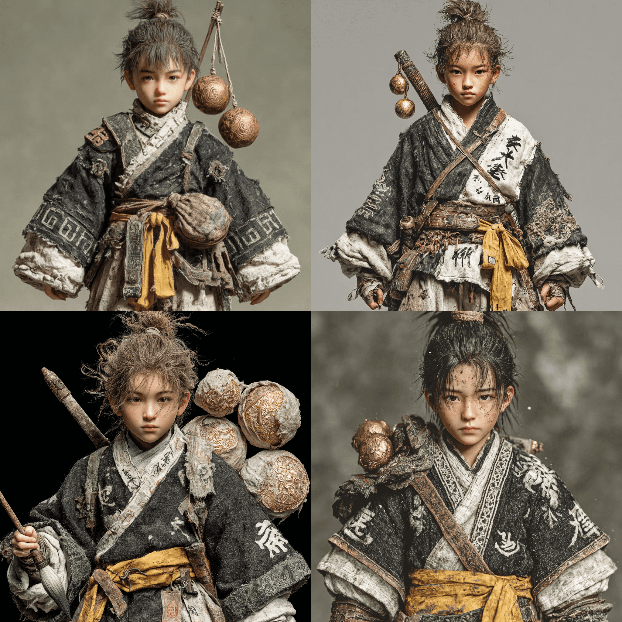 一位14岁少年，头顶简单发髻，以木簪束发，面容精致如蛋形，桃花眼柔润，狮眉威严。身着黑白太极道袍，衣袖宽大，腰系黄带，袍上暗绣八卦纹样。左手执笔，右手结剑诀，身后三道金色符箓静悬，庄严而沉寂。周身萦绕