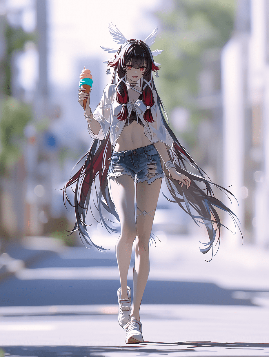 原神角色哥伦比娅的全身视图，行走在夏日街道上，黑发中带有红色挑染随风飘动，佩戴白色翅膀发饰，身着休闲短上衣和短裤，手持冰淇淋，背景为城市街景且带有柔焦效果，营造轻松的节日氛围，高端数字绘画。