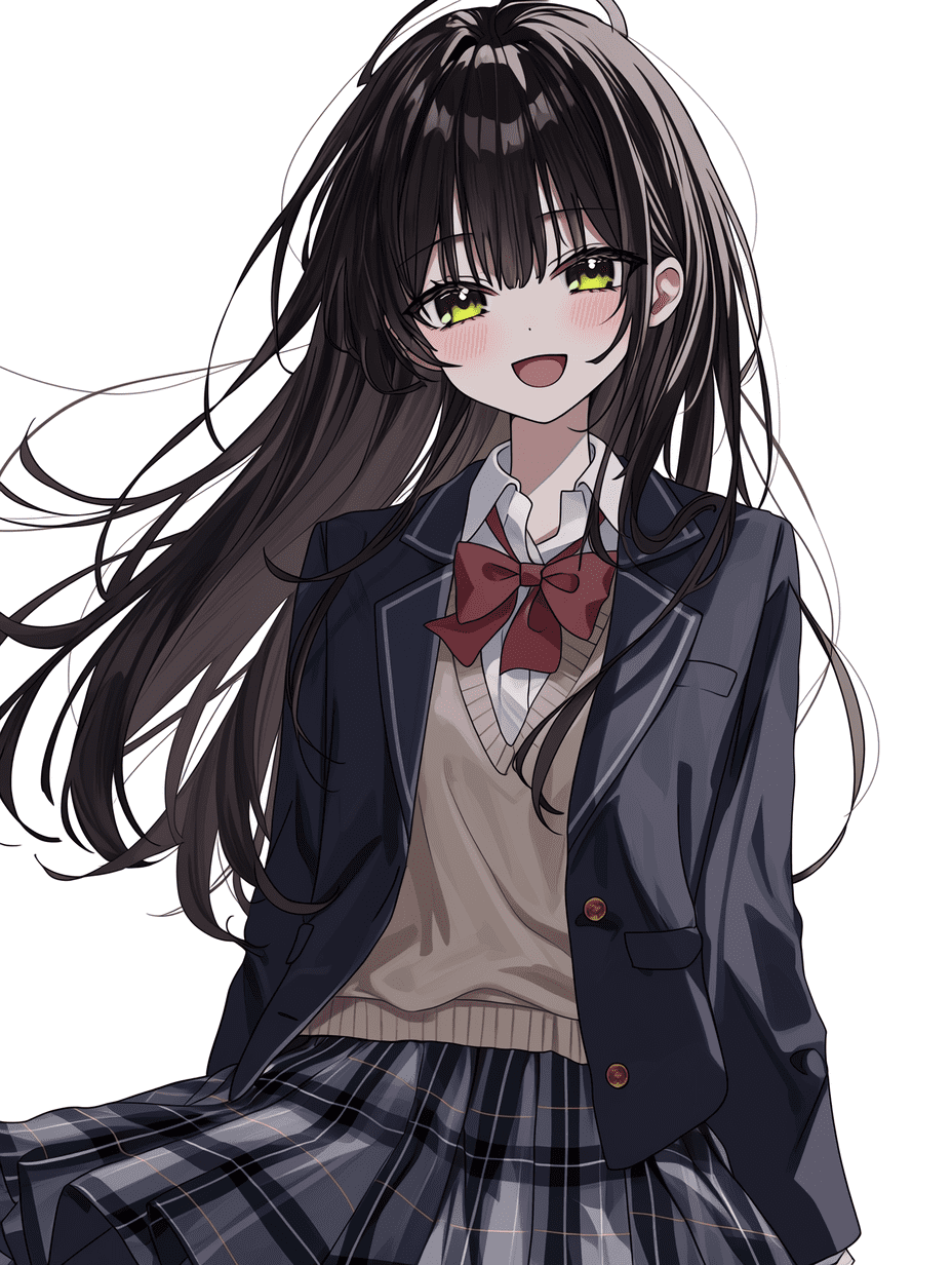 动漫风格，黑发金瞳的年轻女子，身穿带红色领结和格子裙的校服，面带欢快笑容，发丝超精细且随风飘动，衣物褶皱复杂细腻，肌肤质感柔嫩，画面锐利聚焦，8K分辨率。